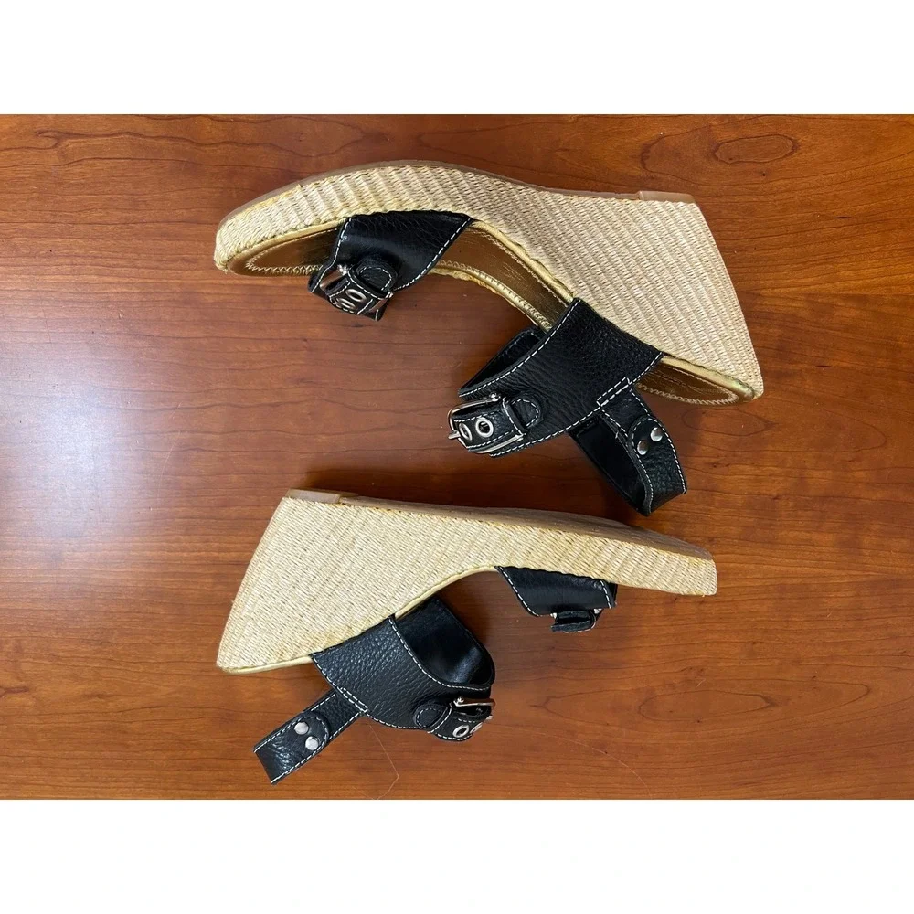 Antonio Melani Ashlee Black Leather Raffia Wedge Sandals Platform Buckle Sz 9.5